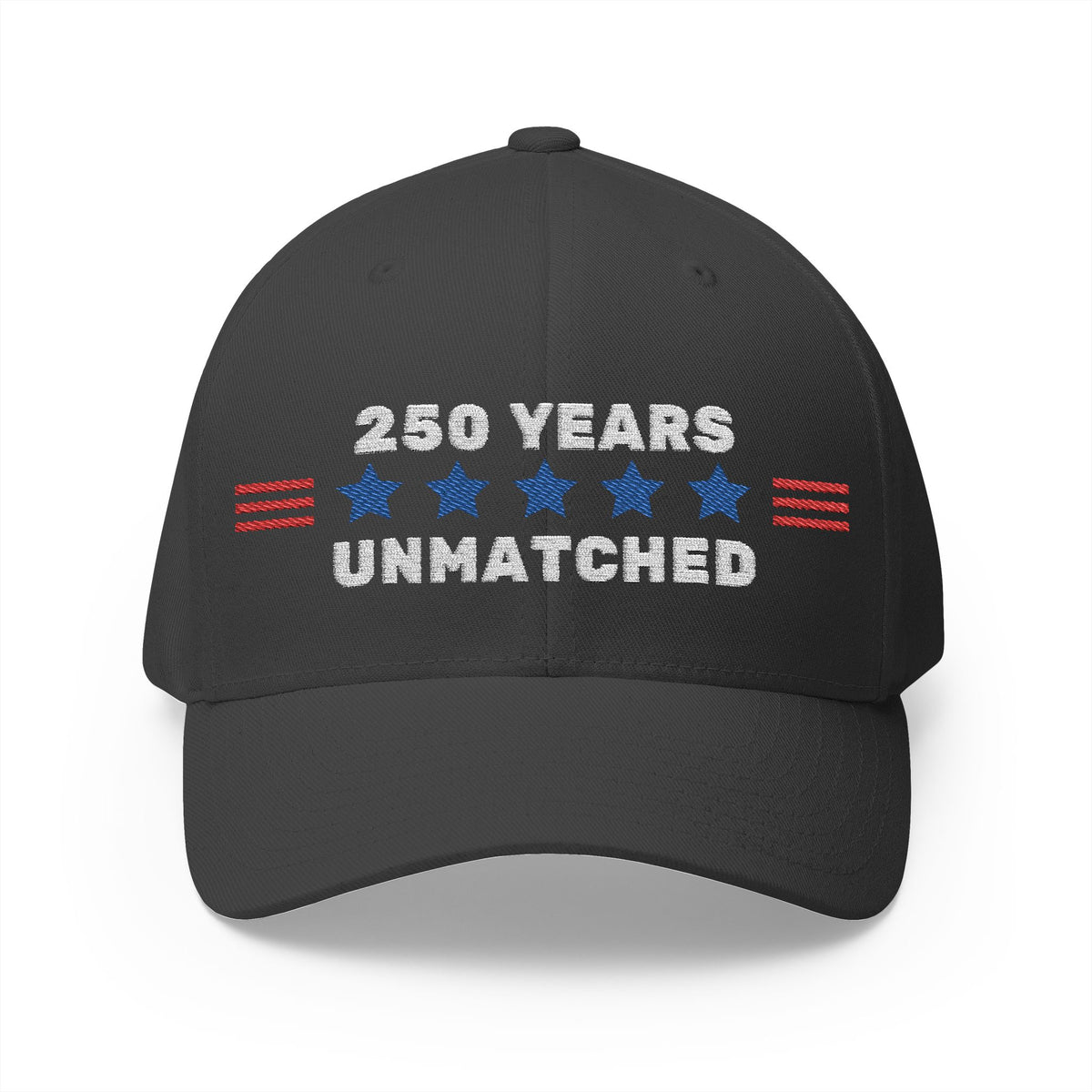 Side view of the 250 Years Unmatched embroidered Flexfit cap