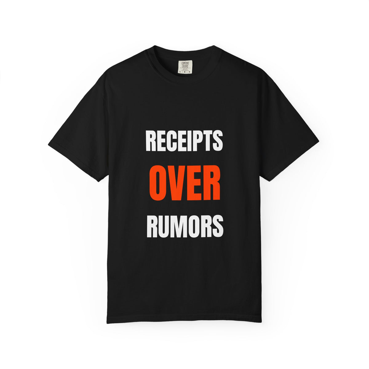 Street style shot of the Receipts Over Rumors oversized graphic tee