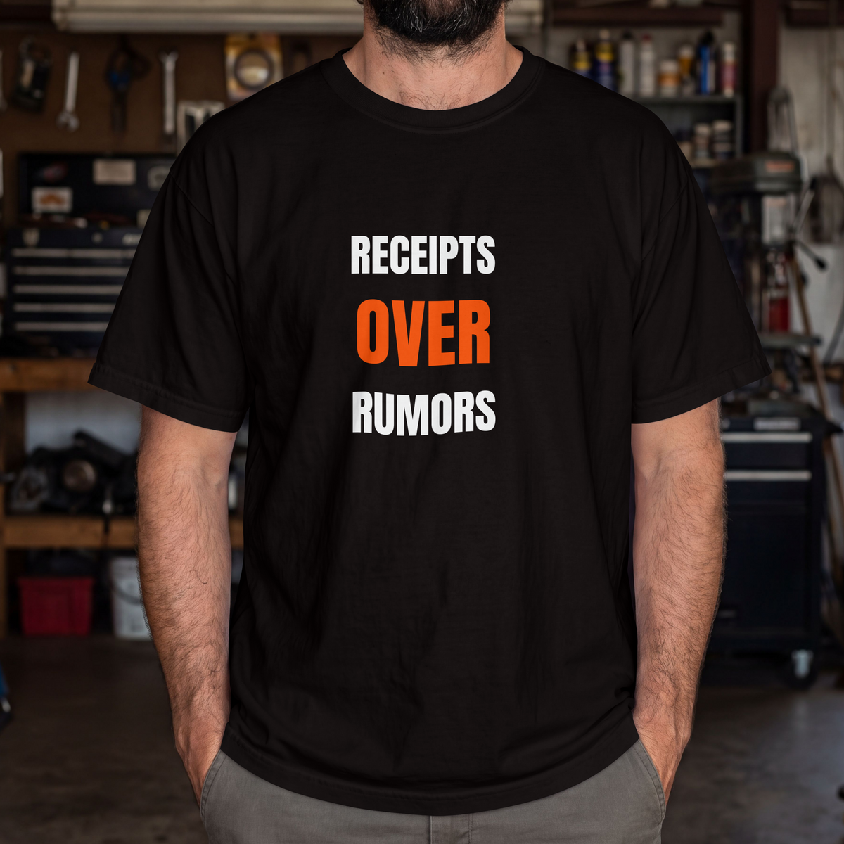 Receipts Over Rumors unisex tee shown from the front, heavyweight cotton