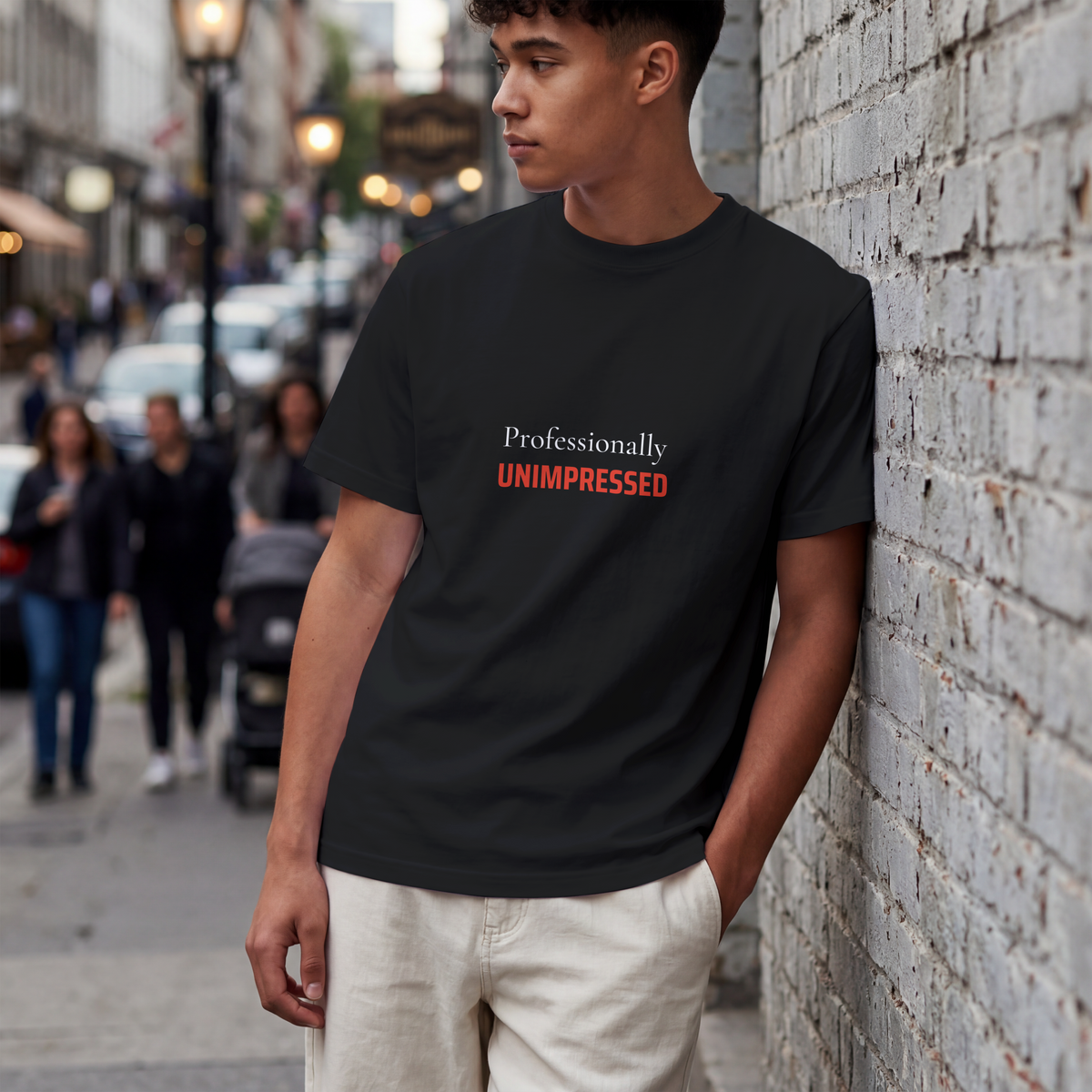 Professionally Unimpressed deadpan office humor tee, relaxed boxy fit
