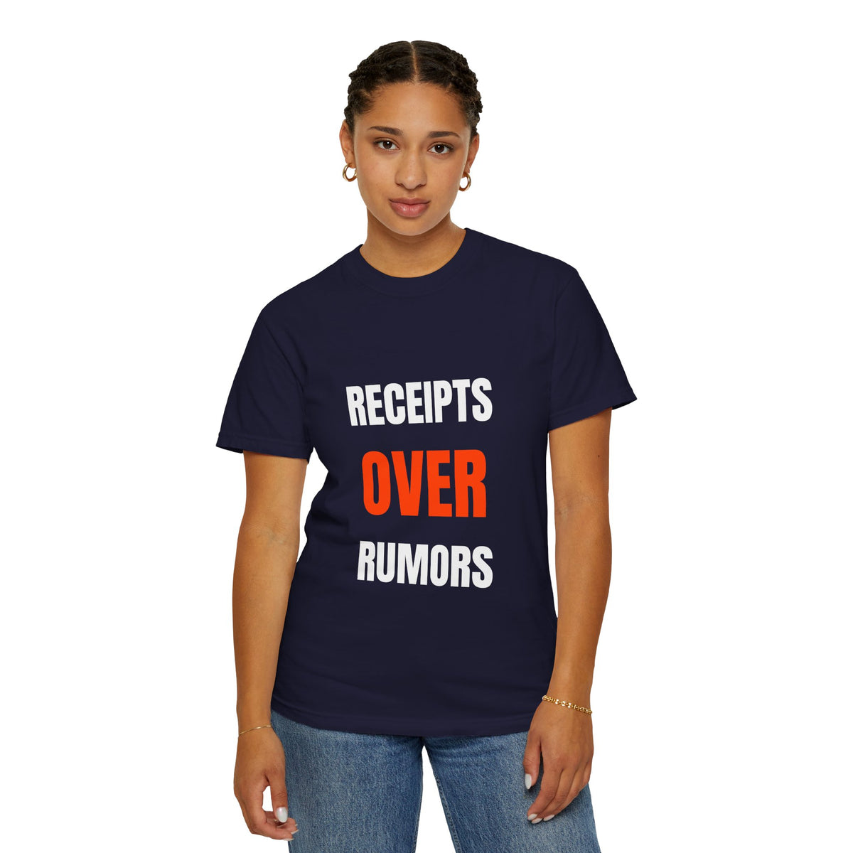Receipts Over Rumors heavyweight tee, relaxed boxy fit on model