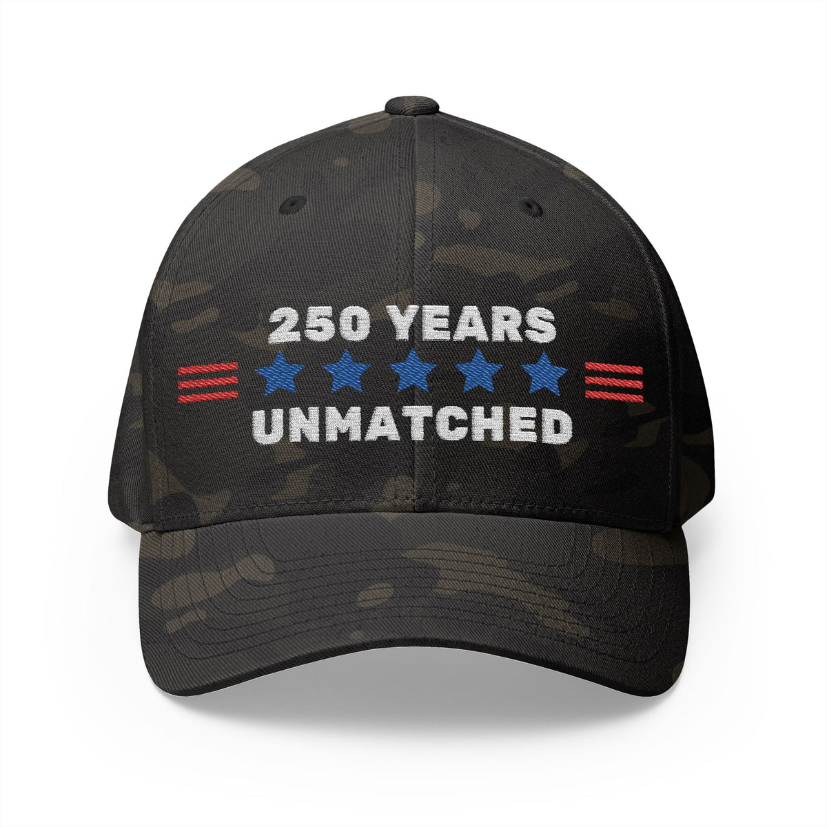250 Years Unmatched embroidered Flexfit cap, front view of the patriotic design